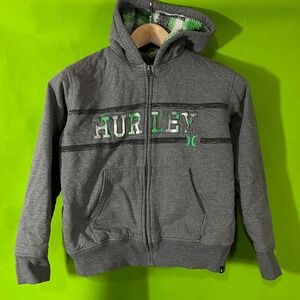 vtg y2K Kids Hurley Gray Fleece Lined Zip Up Hoodie Jacket Size 7/8